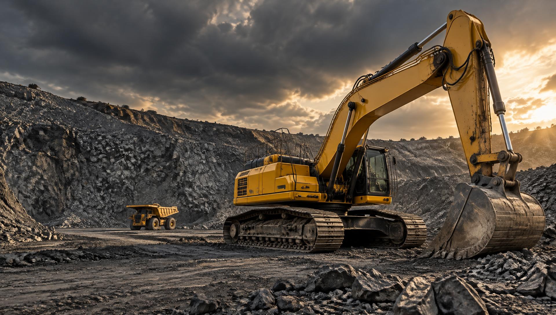 Yellow excavator and mining truck in an open-pit quarry